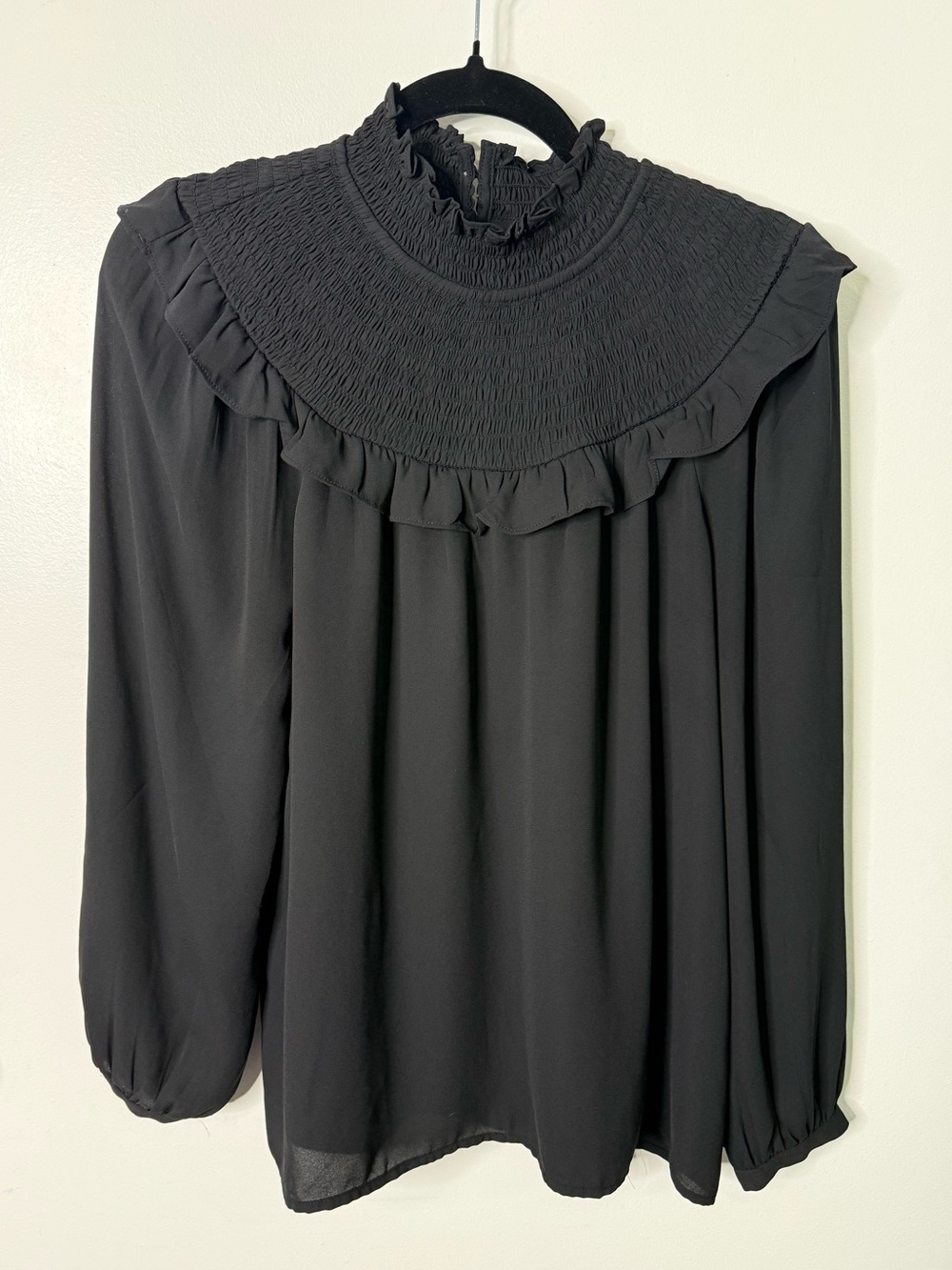 LOFT Black Smocked Ruffle Yoke Blouse Small Romantic Victorian Boho Top